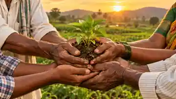Farmers holding a young plant together, symbolising unity and growth